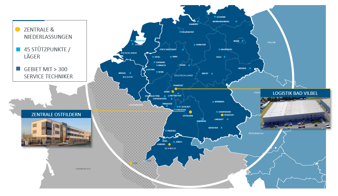 Logistikstandorte - Logistikstützpunkte, Technische Standorte in Europa - Ersatzteilversorgun, Logistikssystem Citycomp Service